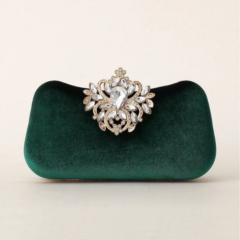Luxury Bags Reseller - Dunkelgrüne Samt-Clutch Luxuriöse Strass-Blumenbrosche Harte Abendhandtasche